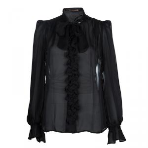 Pre Owned Roberto Cavalli Black Floral Applique Detail Silk Blouse M