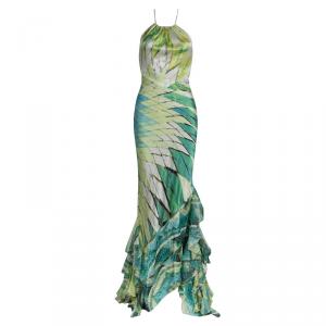 Pre Owned Roberto Cavalli Printed  Ruffle Bottom Cutout Detail Halter Maxi Dress S