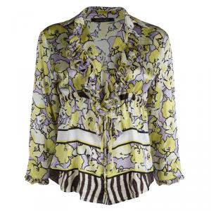 مملوكة مسبقًا Roberto Cavalli Floral Printed Silk Ruffle Detail Long Sleeve Blouse M 