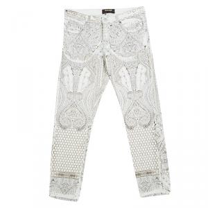 Pre Owned Roberto Cavalli White Printed Denim Straight Fit Jeans M
