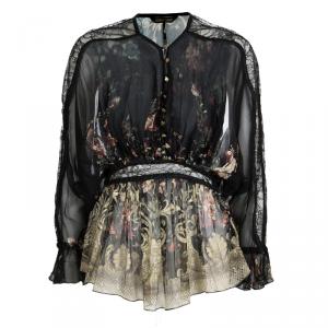 Pre Owned بلوزة روبرتو كافالي حرير أسود مورد مطبوع بتداخلات دانتيل أكمام طويلة M