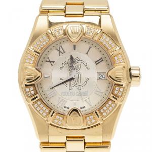 Pre Owned Roberto Cavalli Gold Gold-Plated Diamond Time Women's Wristwatch 41MM
