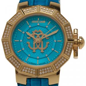 Pre Owned Roberto Cavalli Blue Gold-Plated Stainless Steel Women's Wristwatch 35MM