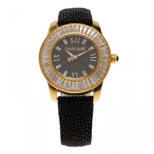 Pre Owned Roberto Cavalli Black Gold-Plated Stainless Steel Crystal Fugit Women's Wristwatch 37MM