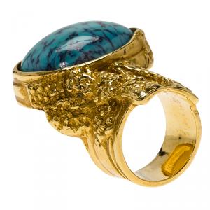مملوكة مسبقًا Saint Laurent Paris Arty Turquoise Color Cabochon Gold Tone Ring Size 49