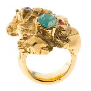 Pre Owned Saint Laurent Multicolor Crystal Chunky Nugget Gold Tone Ring Size 49