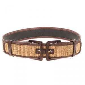 Pre Owned Saint Laurent Paris Brown Leather and Raffia Adjustable Belt 85 CM