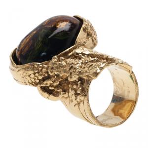 Pre Owned Saint Laurent Paris Arty Black And Green Gold Tone Ring Size 52
