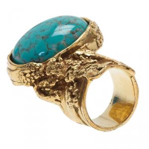 Pre Owned Saint Laurent Paris Gold Arty Ring Turquoise Stone Size 49