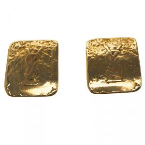 Pre Owned Saint Laurent Paris Logo Square Textured Gold Tone Clip-on Earrings
