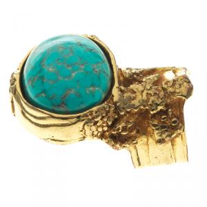 Pre Owned Saint Laurent Paris Arty Turquoise Color Cabochon Gold Tone Ring Size 52
