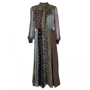 Saint Laurent Paris Multicolor Silk Patchwork Tie Detail Boheme Maxi Dress M