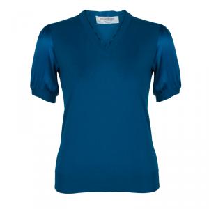 Saint Laurent Paris Turquoise Wool and Silk Short Sleeve Sweater S
