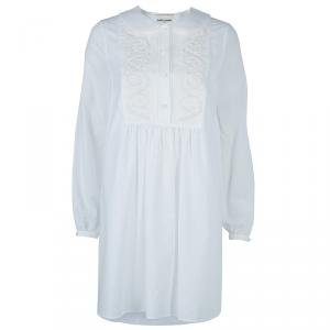Saint Laurent Paris White Embroidered Yoke Detail Long Sleeve Cotton Dress M