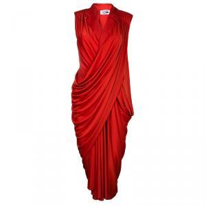 Saint Laurent Paris Red Lapel Detail Draped Sleeveless Dress S