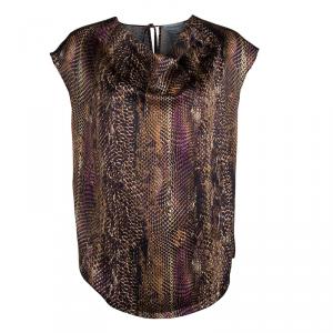 Saint Laurent Multicolor Reptile Printed Silk Cowl Neck Sleeveless Top M