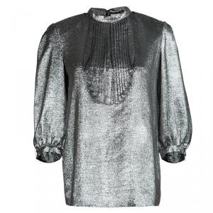 Saint Laurent Paris Metallic Silver Pleat Detail Long Sleeve Top M