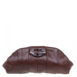 مملوكة مسبقًا Saint Laurent Paris Brown Pleated Leather Dali Lips Clutch