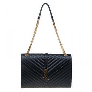 Pre Owned Saint Laurent Paris Black Matelasse Leather Large Cassandre Flap Bag