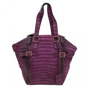 Pre Owned Saint Laurent Paris Purple Croc Embossed Leather Small Downtown Tote