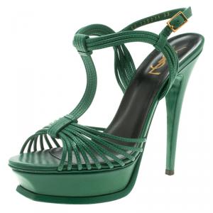 Saint Laurent Paris Green Cord Leather T-Strap Platform Sandals Size 39.5