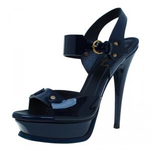 مملوكة مسبقًا Saint Laurent Paris Navy Blue Patent Studded Platform Sandals Size 37.5 