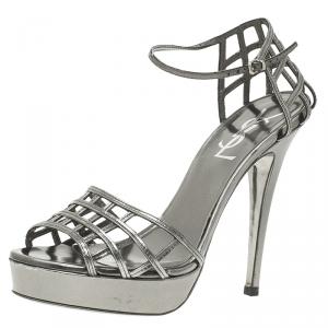 Pre Owned Saint Laurent Paris Silver Metallic Leather Cage Platform Sandals Size 36