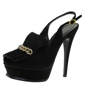 Pre Owned Saint Laurent Paris Black Suede Tribute Fringe Chain Detail Platform Slingback Sandals Size 36