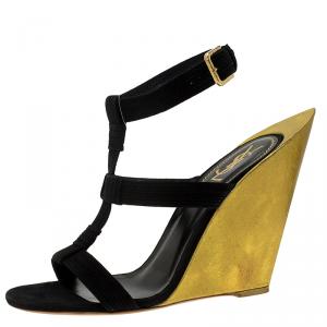 Pre Owned Saint Laurent Paris Black Suede Totem Wedge Sandals Size 39.5
