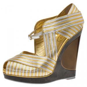 Pre Owned Saint Laurent Paris Gold and Silver Leather Strappy Platform Wedge Sandals Size 38