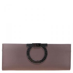Pre Owned Salvatore Ferragamo Taupe Satin Musa Evening Clutch