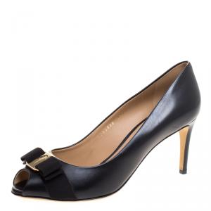 Pre Owned Salvatore Ferragamo Black Leather Pola Vara Bow Peep Toe Pumps Size 39.5