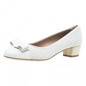 Pre Owned Salvatore Ferragamo Cream Cutout Leather Vara Bow Pumps Size 40