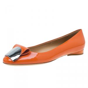 Pre Owned Salvatore Ferragamo Orange Patent Sun Ballet Flats Size 40.5
