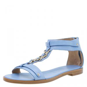 Salvatore Ferragamo Light Blue Leather Moe Chain Detail Flat Sandals Size 37.5