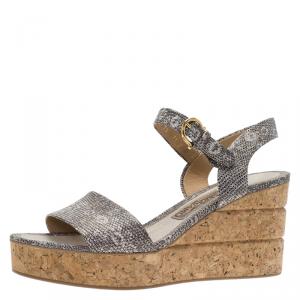 Salvatore Ferragamo Grey Snake Embossed Leather Madea Wedge Sandals Size 38