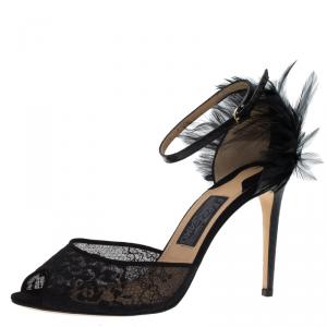 Salvatore Ferragamo Black Meshs and Leather Feather Detail Narleen Ankle Strap Sandals Size 40