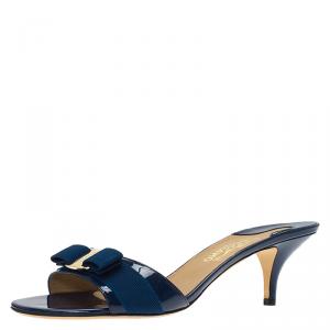 Salvatore Ferragamo Blue Patent Glory Bow Mules Size 42.5