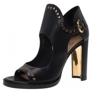 Salvatore Ferragamo Black Cutout Leather Eyelet Ankle Sandals Size 39.5