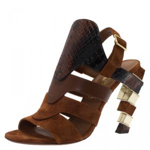 Salvatore Ferragamo Tricolor Suede and Python Laos Strappy Sandals Size 37.5