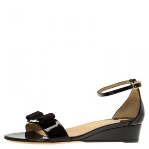Salvatore Ferragamo Black Patent Margot Vara Bow Ankle Strap Wedge Sandals Size 39