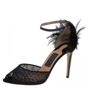 Salvatore Ferragamo Black Lace and Feather Narleen Ankle Strap Sandals Size 40