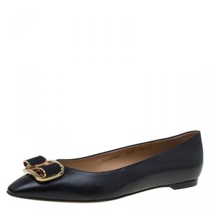 Pre Owned Salvatore Ferragamo Black Leather Lola Ballet Flats Size 40.5