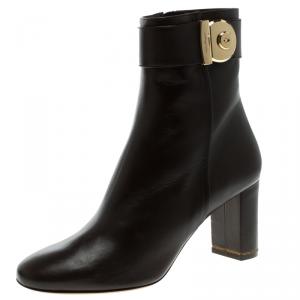 Pre Owned Salvatore Ferragamo Dark Brown Leather Fiamma Ankle Boots Size 40.5
