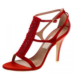 Salvatore Ferragamo Red Embellished Satin Shine T-Strap Sandals Size 40.5