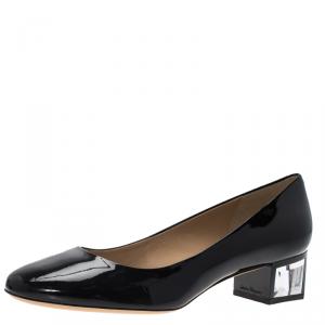 Pre Owned Salvatore Ferragamo Black Patent Ninfea Lucite Block Heel Pumps Size 40.5