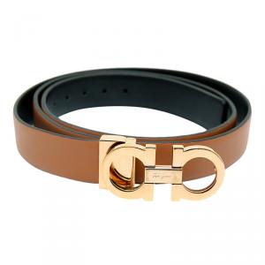 Pre Owned Salvatore Ferragamo Brown/Black Leather Reversible Gancini Buckle Belt 105 CM