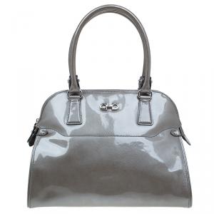 Pre Owned Salvatore Ferragamo Silver Patent Leather Satchel Bag
