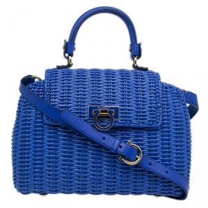 Pre Owned Salvatore Ferragamo Blue Basket Woven Raffia Medium Sofia Top Handle Bag