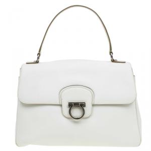 Pre Owned Salvatore Ferragamo Off White Leather Top Handle Bag